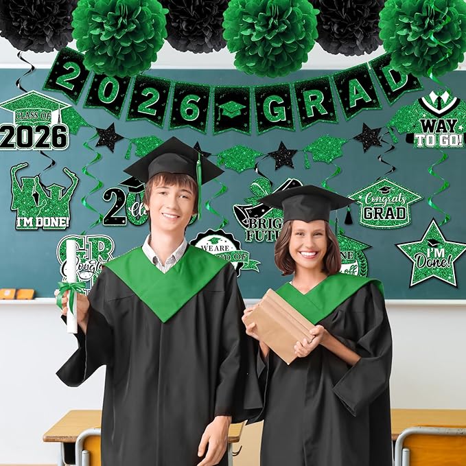Green Graduation Decorations 2026, 2026 Grad Banner and Congrats Grad Hanging Swirls, Green and Black Graduation Banner Graduations Hanging Swirls College Graduations Party Decorations Class of 2026