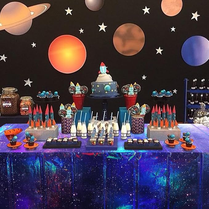 6Pcs Iridescent Space Tablecloths, Disposable Plastic Purple Galaxy Table Cloth Rectangle Table Covers for Space Starry Night Star Theme Party Birthday Party Decorations, 54x108 Inch