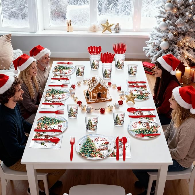 168 PCS Christmas Party Supplies Serve 24 Guests Merry Christmas Plates and Napkins Party Decorations Disposable Dinnerware Set Decor Snowman and tree