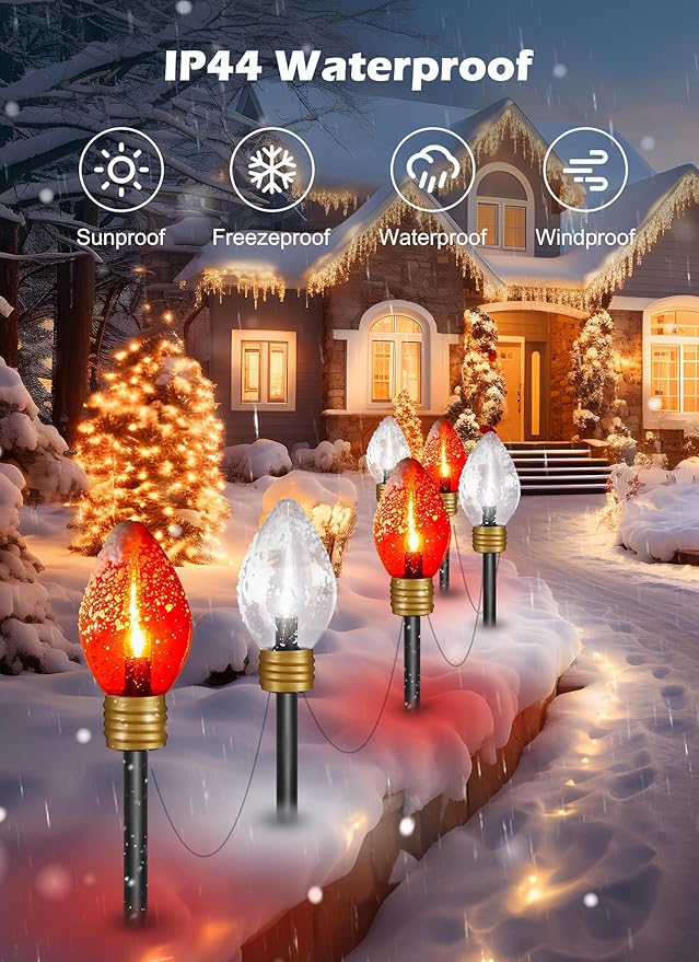 Brightown 2 Pack Outdoor Christmas Decorations - Jumbo Xmas String Lights and Pathway Marker Lights - Large Bulbs Hanging Waterproof Lawn Decoration for Holiday Home Tree Roof, Red and White