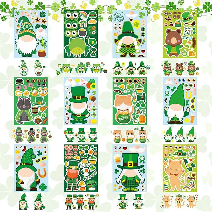 48 Sheets St. Patrick's Day Make a Face Stickers, Saint Patrick's Gnomes and Animals Crafts Stickers for Kids, Classroom Gifts and Party Favors Supplies