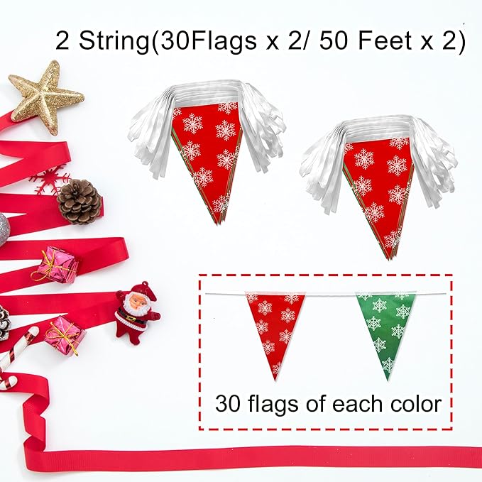 100 Feet Red Green Merry Christmas Pennant Banner Flags String Party Decorations Triangle Hanging Bunting Garland with for Snowflakes Christmas Kids Birthday Outdoor Garden Decor
