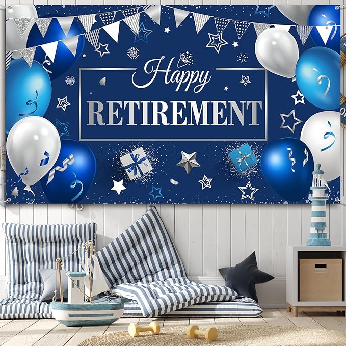 Blulu Retirement Party Decorations, Extra Large Fabric Retire Sign Banner Photo Booth Backdrop Background with Rope for Retirement Party Favor(72.8 x 43.3 Inches,Blue and Silver)