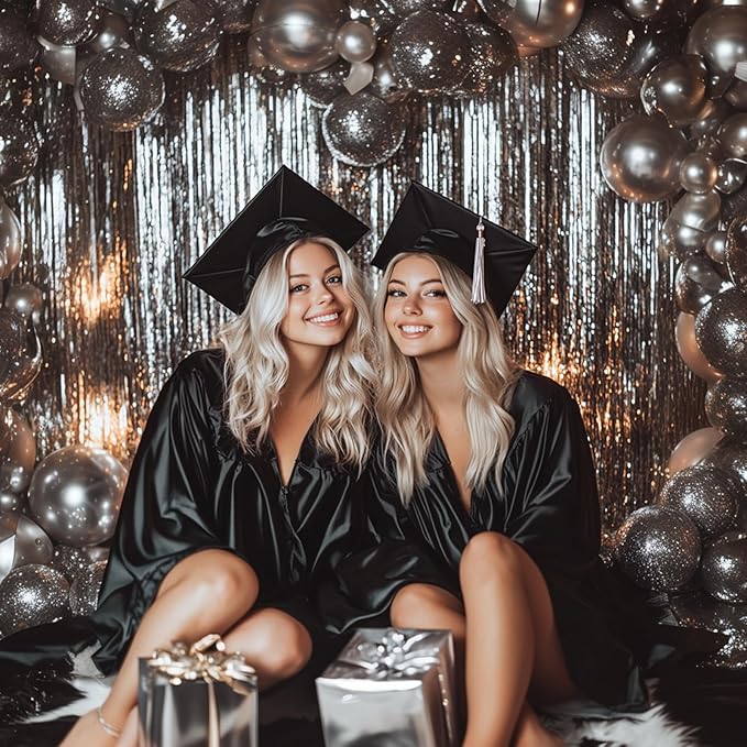PartyWoo Silver Streamers 3pcs Tinsel Backdrop 8.2FT Metallic Tinsel Foil Fringe Streamer Curtains Party Photo Booth Backdrop for Graduation Baby Shower Bachelorette Wedding Disco Party Decorations