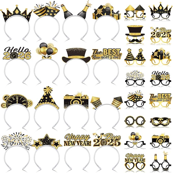 Pajean 32 Pcs New Year Eve Party Supplies 2026 Include 16 Paper Eyeglasses and 16 Paper Headbands Happy New Year Photo Booth Props for Black Gold 2026 Eve Party Decoration Favors Accessories