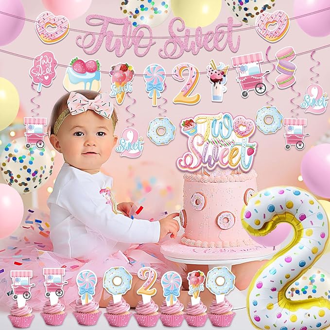 Two Sweet Birthday Decorations - 2nd Birthday Banner Donut Theme Party Kit for Two Years Old with Macaron Balloon Garland and Candy Theme Supplies