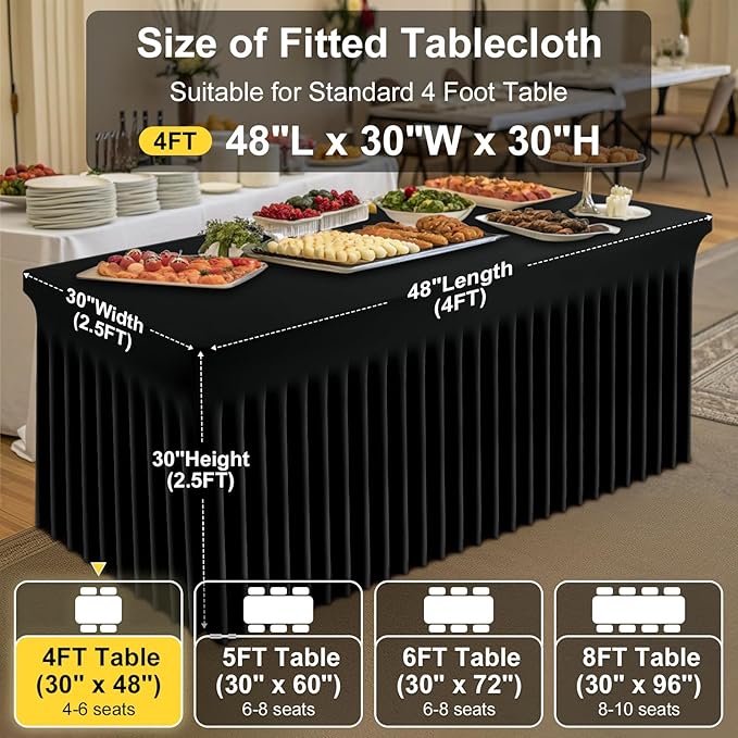 Smiry Spandex Tablecloth 2 Pack, Elastic Fitted Stretch Tablecloth for 4FT Rectangle Tables, Waterproof Washable Table Cover Skirt for Outdoor, Wedding, Banquet & Parties (Black, 48Lx30Wx30H Inch)