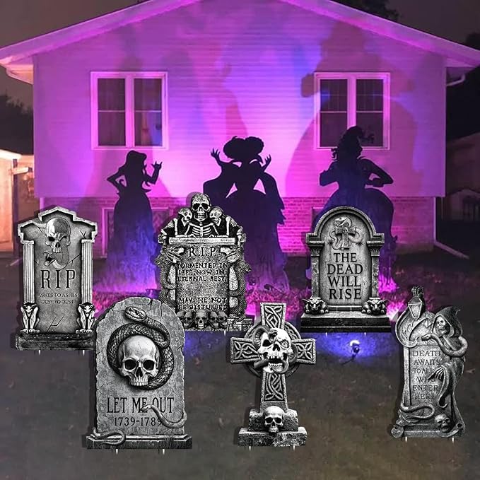 Spooky Outdoor Halloween Tombstones Decor, Large Graveyard Ghost, Snake, Skeletons, 6pcs 11.5“x16.53 Waterproof Scary Gravestones for Home, Party, Cemetery Halloween Decor