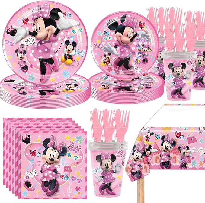 141pcs Minnie Birthday Tableware Decorations Party Plates Cups Soccer Theme Napkins Beach Ball Tablecloth for Soccer Party Decoration (Minnie)