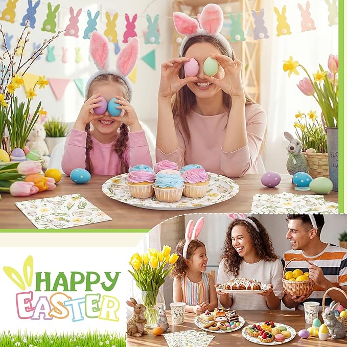Vesici 150 Pcs Easter Bunny Oval Paper Plates and Napkin Set Bunny Tableware 10'' x 12'' Large Disposable Heavy Duty Rabbit Green Leaves Dessert Plates Cups Napkins for Spring Easter Party Supplies