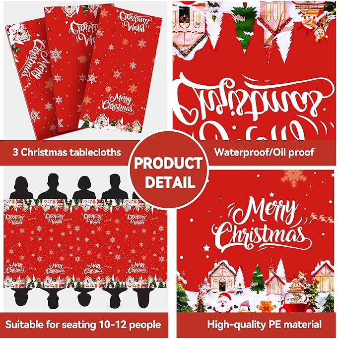 Christmas Tablecloths – 3 Pack 54 x 108 Inch Rectangle Table Covers – Red and Green Plastic Tablecloth with Santa Claus, Christmas Tree & Snowflake Prints – Christmas Holiday Party Decorations