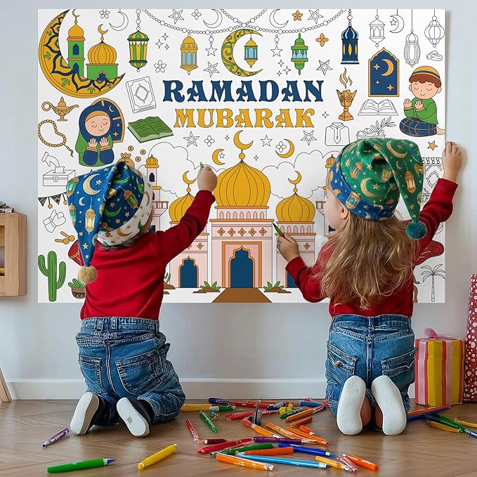 Labeol Ramadan Decorations Giant Coloring Tablecloth Banner for Kids Ramadan Kids Coloring Crafts Activities Party Table Decor