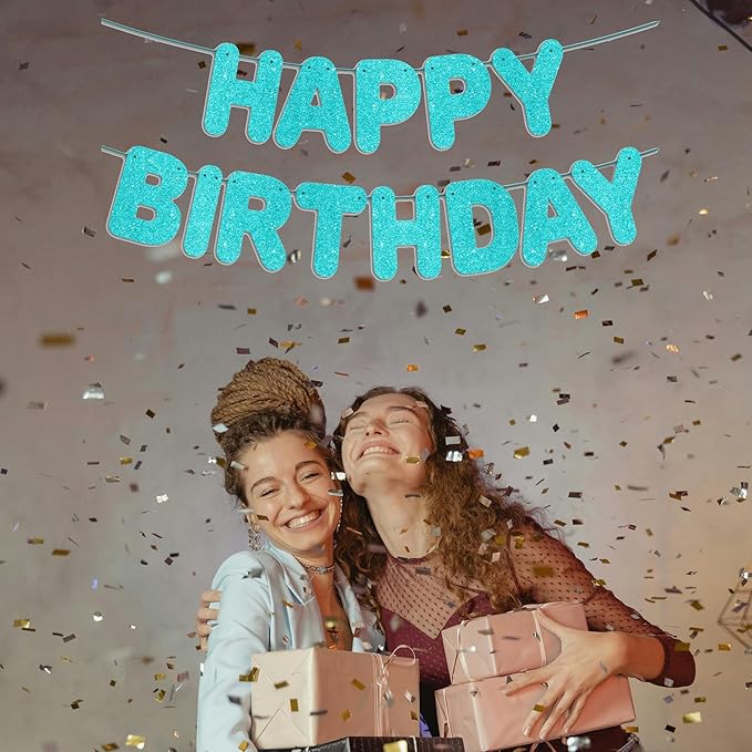 Pre-Strung Happy Birthday Banner - Teal Glitter Banner, Turquoise Birthday Party Decorations & Decor, Under The Sea Backdrop Sign