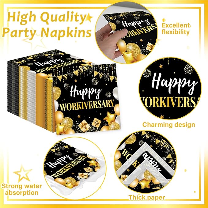 96Pcs Happy Work Anniversary Party Supplies Black Gold Happy Workiversary Tableware Dinnerware Set Worker Appreciation Plates Napkins Decorations for Women Men Office Employee Worker