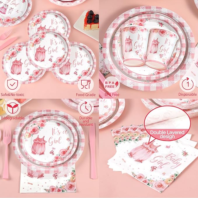 168Pcs Baby Shower Decorations for Girl, Pink Floral Baby Shower Party Tableware Serves 24,A Sweet Little Girl is on The Way Plates Sets for Gender Reveal Birthday Party Decorations