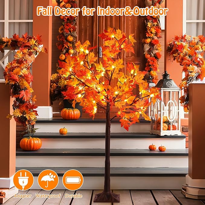 2Pack 4FT Artificial Prelit Lighted Fall Maple Tree for Home Fall Halloween Thanksgiving Table Harvest Home Indoor Decoration