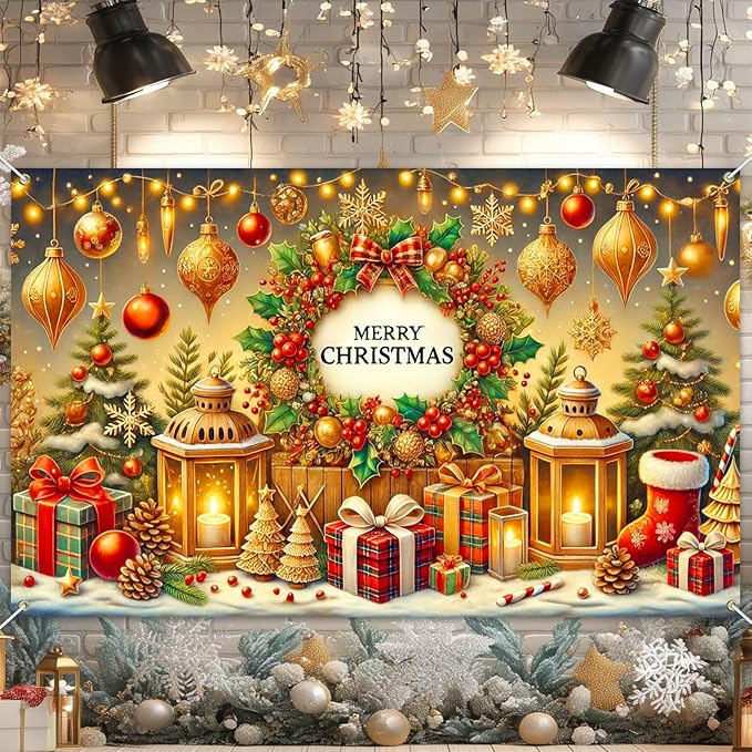 Christmas Banner 71x43 Inch Merry Christmas Backdrop Holiday Wall Decoration Festive Golden Ornaments Xmas Tree Lights Gift Boxes Party Photo Background Winter Celebration Display