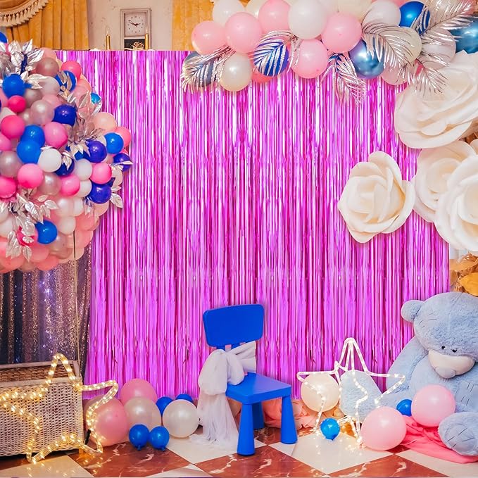 Crosize 4 Pack 3.3 x 9.9 ft Hot Pink Foil Fringe Curtains Party Decorations,Tinsel Curtain Backdrop for Parties, Door Streamers, Glitter Streamer Backdrop for Birthday Decoration
