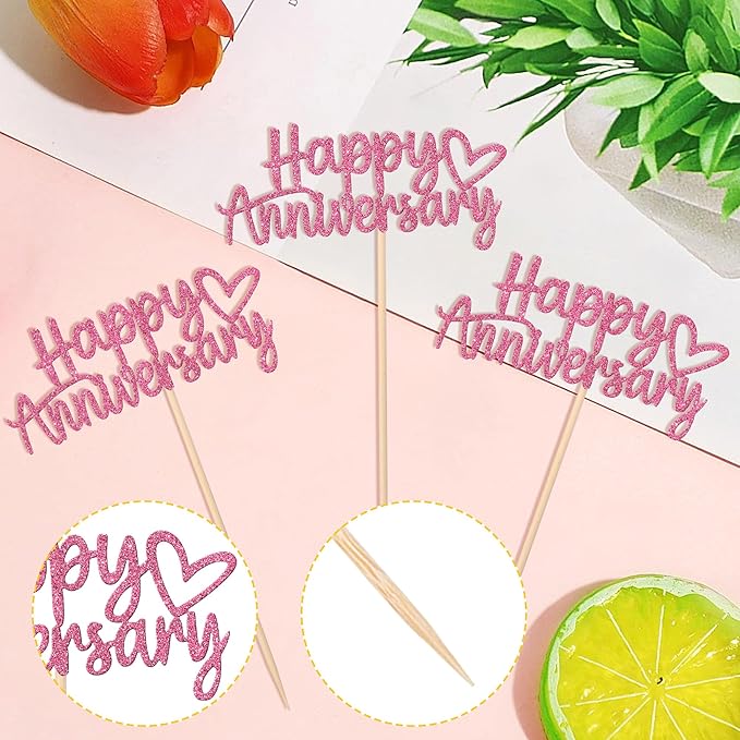 24 PCS Happy Anniversary Cupcake Toppers Glitter Wedding Anniversary Cupcake Picks Anniversary Theme Cupcake Decorations Baby Shower Birthday Wedding Anniversary Party Cake Decorations Supplies Pink