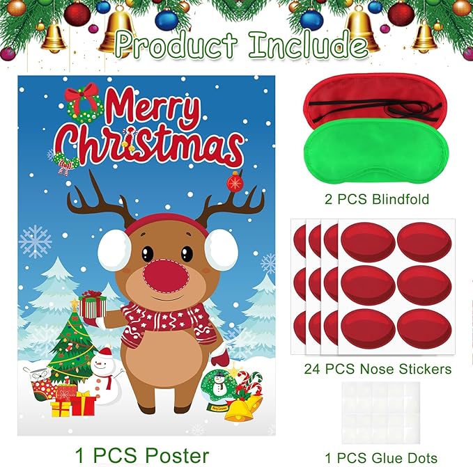 AUGSUN Pin The Nose on The Reindeer, Large Christmas Reindeer Poster Games Xmas Activities Winter Holiday Party Games for for Kids Adults Friends and Family Christmas Party Favors
