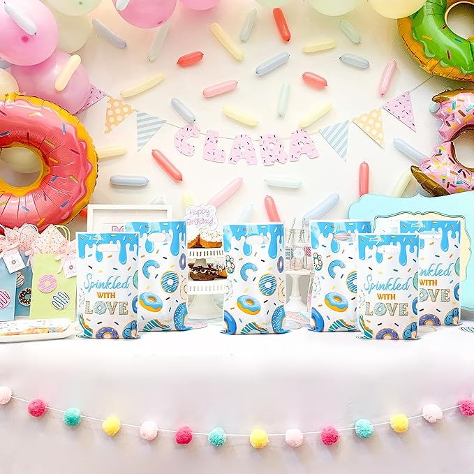 G1ngtar 50Pcs Blue Donut Party Favor Bags - Sweet Doughnut Goodie Candy Treat Gifts Waterproof Plastic Bags for Kids Birthday Party Decoration Supplies