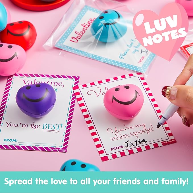JOYIN 28 Packs Heart Shape Stress Ball with Cards Stress Relief Fidget Toy for Valentine Party Favors, Classroom Prize Supplies, Valentine’s Greeting Cards, Valentine Exchange Gifts