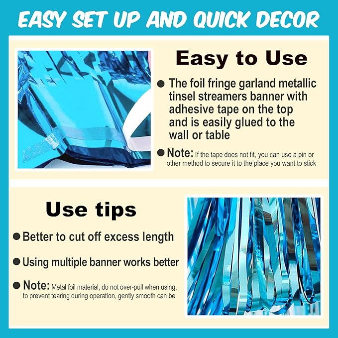 3 Pack 10 Ft Light Blue Foil Fringe Garland Metallic Streamers Tinsel Banner Wall Hanging Garland Backdrop for Parade Floats, Halloween, Christmas, Thanksgiving, New Year Party Decorations