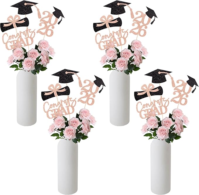 Gexolenu 16 PCS Rose Gold Black Double-Sided 2026 Graduation Centerpieces for Tables, 2026 Table Toppers Party Centerpiece Sticks Party Supplies, Graduation Party Decorations Class of 2026, Set of 4