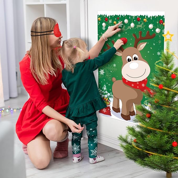 Pin The Nose on The Reindeer with 54PCS Red Nose for Kids Family Pin The Nose on The Reindeer Games, Large Christmas Reindeer Poster Games for Kids Christmas Party Games