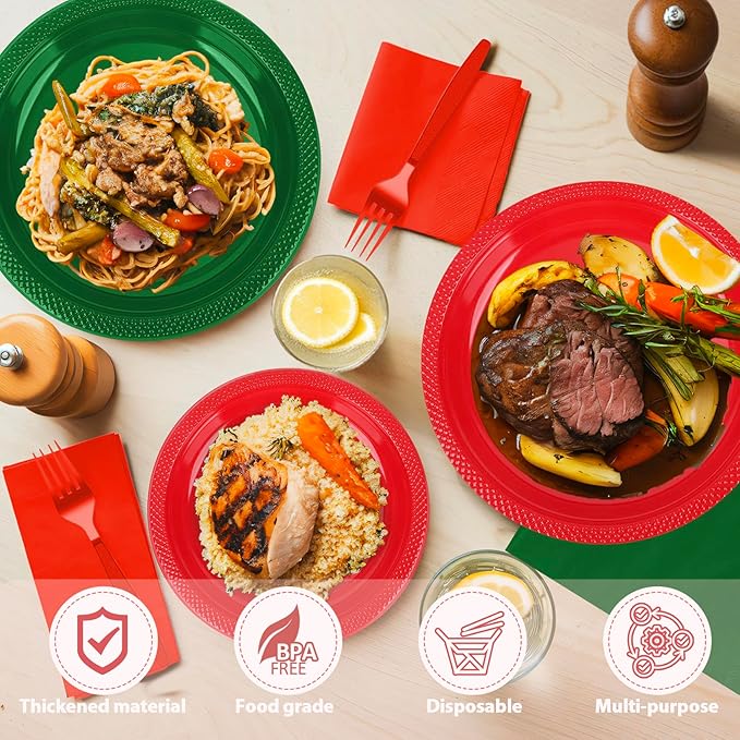 Red and Green Plastic Plates for Party,Disposable Tableware Kit with 50 9'' Plates,50 7'' Dessert Plates,50 Napkins,50 Forks,50 Cups & 2 Tablecloths for Birthday,Picnic,Christmas