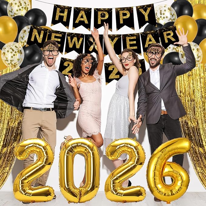 Happy New Year Decorations 2026, New Years Banner Foil Curtain Cone Hats Glasses Photo Props Headband Noisemakers Squakers 2026 Foil Ballons Accessories for Eve Celebration Decorations Favors