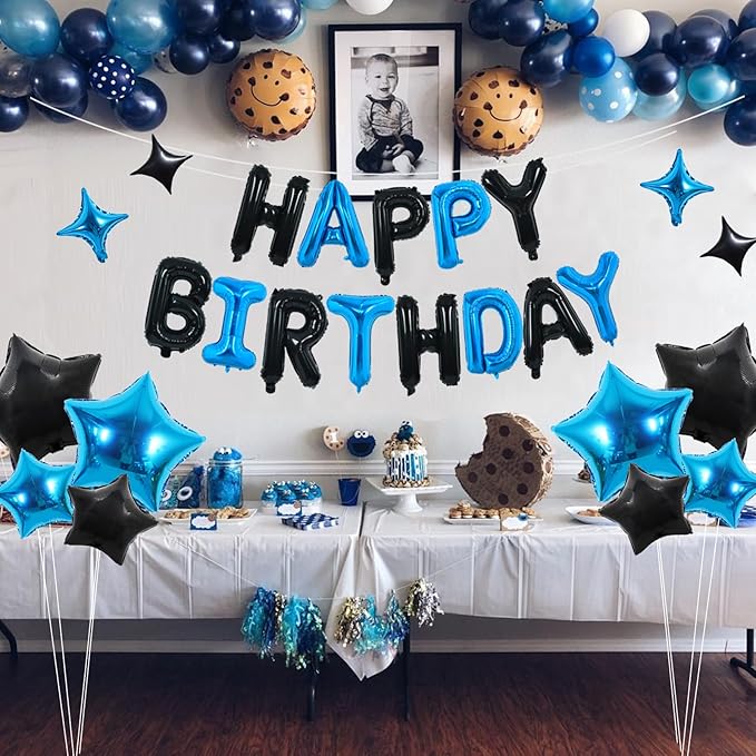 TONIFUL 35PCS Black Blue Happy Birthday Decorations Kit 16 Inch Happy Birthday Balloon Banner with Star Balloons Mylar Foil Birthday Party Decorations Supplies for Men Women Adults Girls Boys Kids
