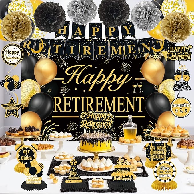 Retirement Party Decorations for Men Women Black Gold Happy Retirement Banner Backdrop Balloons Paper Pompoms Honeycomb Centerpiece Cake Topper Hanging Swirl Set
