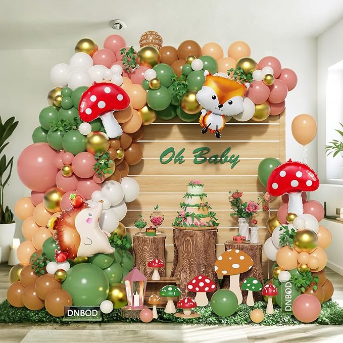 158Pcs Sage Green Pink Gold Woodland Balloon Garland Arch Kit,with Mushroom,Fox,Hedgehog Foil Balloons for Forest Fairy Wild Animal Theme Baby Shower Birthday Spring Garden Tea Party Decorations