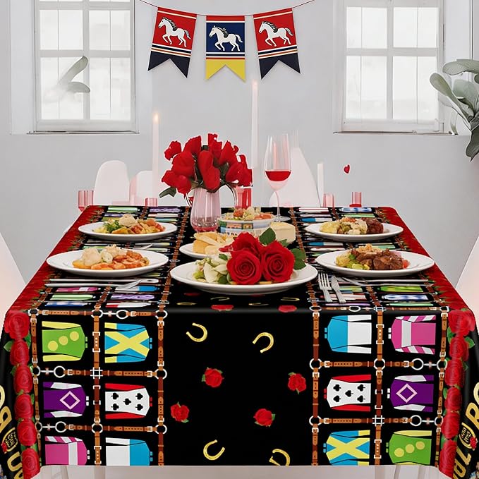 QZYL 4 PCS Derby Table Cloth, Disposable Plastic Derby Party Decorations, 54 x 108 Inch Horse Tablecloth, Kentucky Run for The Roses Tablecover for Horse Themed Party Decorations Supplies
