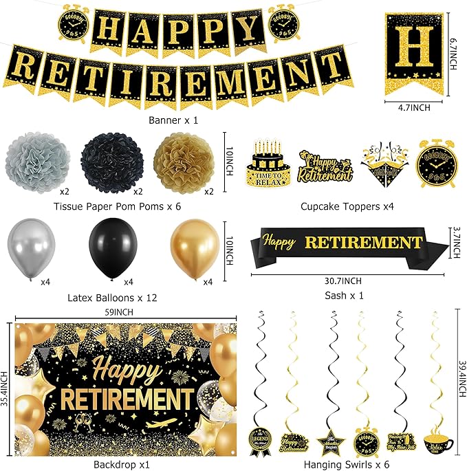 DARUNAXY Black Gold Retirement Party Decorations, Happy Retirement Banner, Officially Retired Hanging Swirl The Legend Has Retired Sash Tissue Paper Pom Poms Party Supplies(31PC)