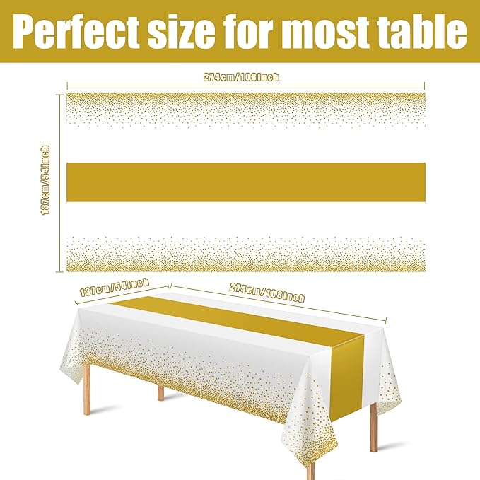 OHOME 4 Pack Disposable Plastic Table Cloths for Parties,White and Gold Rectangle Table Covers for Fall Decor Wedding Bridal Shower Birthday | Baptism First Communion Decorations 54" x 108"