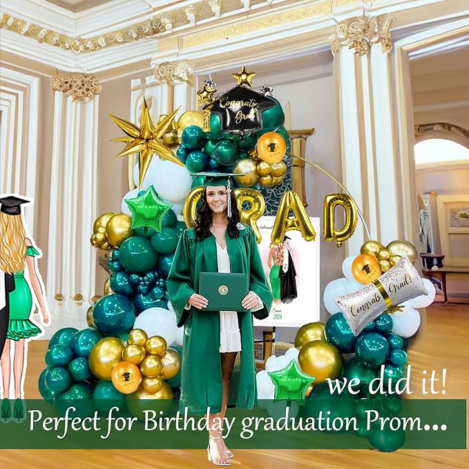 Green Graduation Balloon Garland Arch Kit 115PCS with Graduation Star print Certificate Letter Mylar Foil Balloons for Graduate Class of 2026 Grad Prom party Decorations Supplies (Green Gold White)