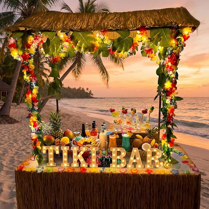 Honoson 7 Pcs Hawaiian Luau Tiki Party Decoration Tiki Bar LED Light Sign Hawaii Summer Tropical Table Lights up Sign for Summer Pool Beach Hawaiian Themed Party Supplies