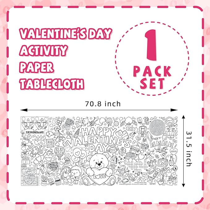 Valentine's Day Activity Poster - Large 31.5x72 Inch Coloring Table Cover for Holiday Party, School Classroom Decor, Crafts & Family Fun