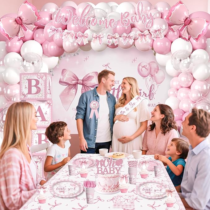 cocomigo 238 Pcs Pink Bow Baby Shower Decorations, All-in-One Party Pack for 20 Guests, Includes Tableware, Backdrop, Banner, Balloons and More for Bow Themed Baby Shower Decorations