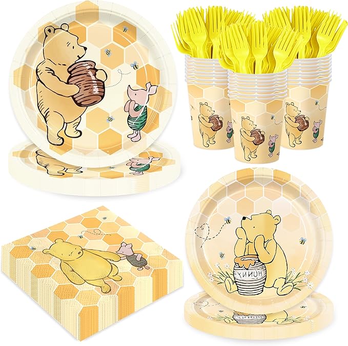 120pcs Winnie Plates and Napkins Classic Bear Baby Shower Disposable Cups Yellow Forks Paper Tableware Set Good for Baby Shower Decorations Serves 24 Guests