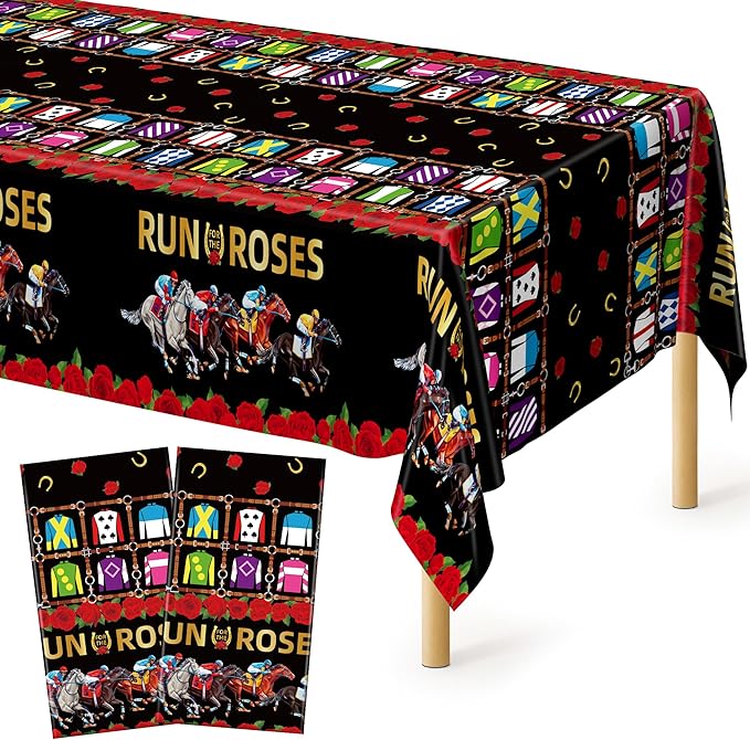 QZYL 2 PCS Derby Table Cloth, Disposable Plastic Derby Decorations, 54 x 108 Inch Horse Tablecloth, Run for The Roses Kentucky Racing Rectangle Tablecover Horse Decorations for Party Supplies