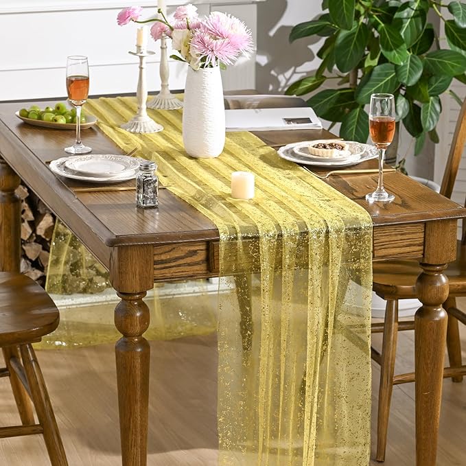 Artoid Mode 6PCS Light Yellow Gold Gauze Table Runner 120 Inch 10FT, Glitter Metallic Foil Sheer Dining Wedding Anniversary Holiday Birthday Table Decor for Home Party