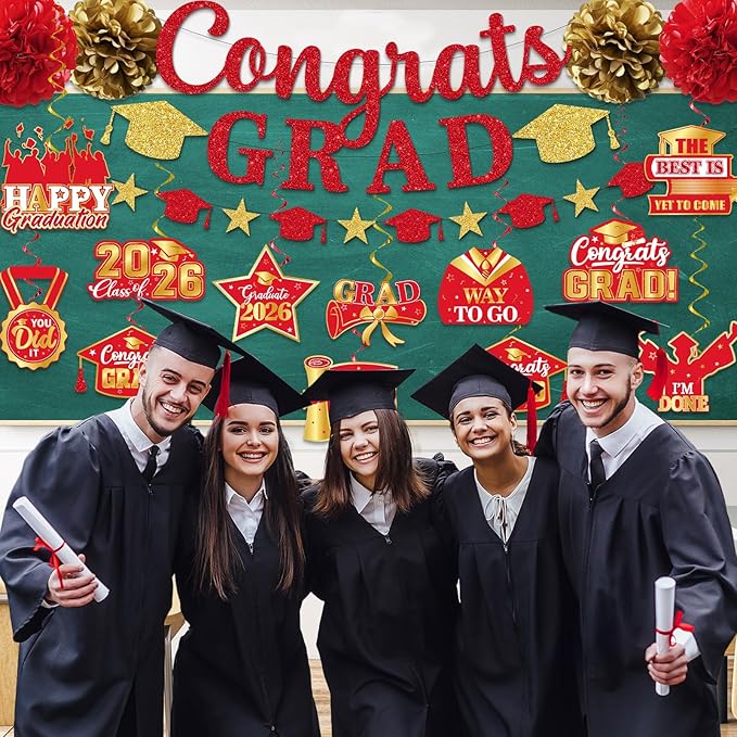 Red Graduation Decorations, Glitter Congrats Grad Banner Hanging Swirls and Tissue Pom Poms, Red and Gold Graduation Decorations for Class of 2026 College Graduations Party Decorations