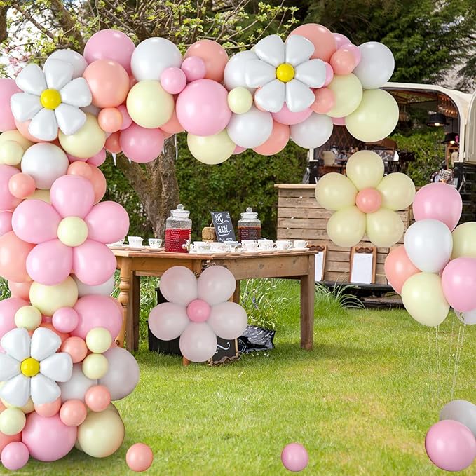 Daisy Balloon Garland Arch Kit,Retro Hippie Boho Pink White Yellow Balloons Garland Daisy Flower Balloons For Birthday Baby Shower Bridal Wedding Groovy Daisy Party Decorations