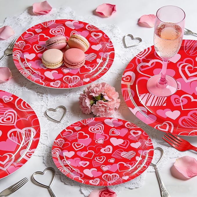 96 Pieces Valentines Day Plates and Napkins Tableware Set, Red Pink Heart Love Disposable Dinnerware with Paper Plates Napkins and Forks for Valentine Day Wedding Anniversary Party Favors - Serves 24