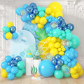 Amandir 153pcs Blue and Yellow Balloons Arch Garland Kit, Different Sizes 18 12 10 5inch Teal Metallic Blue Yellow Flower Printed Clear Balloons for Cartoon Birthday Sea Theme Shower Party Decorations