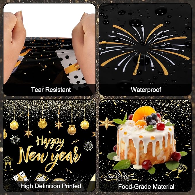 2 Pcs Happy New Years Tablecloth Plastic - Black Gold New Years Eve Party Supplies 2026 Table Cloth, Disposable Large Happy New Year Table Cover for 2026 New Year Party Tables Decorations, 54x108 Inch
