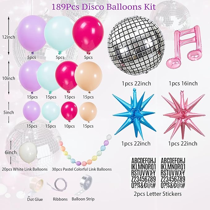 189Pcs Pink Purple Balloon Garland In My Teenage Princess Birthday Decorations Disco Ball Balloons For Music Themed backdrop,Customizable Bracelet Banner, Baby Shower,Bridal，Bachelorette Party